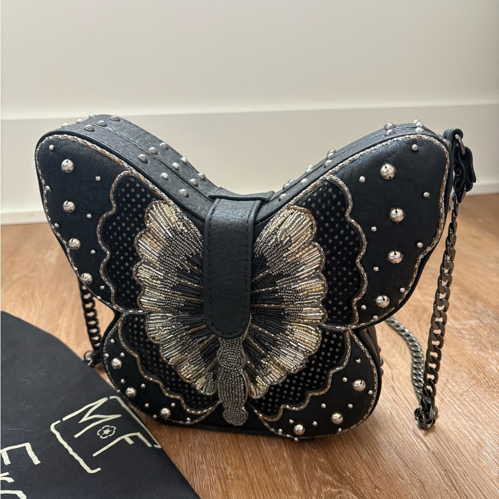Mary Frances Black and Silver Butterfly Crossbody Bag